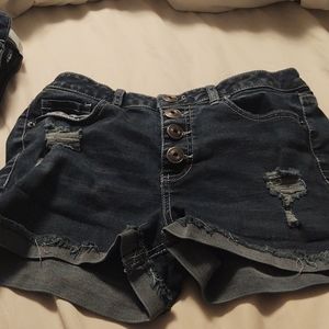 Dark wash, button fly shorts, high rise